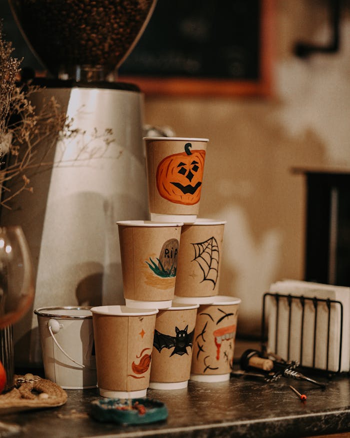 Stylish Halloween-themed paper cups with illustrations arranged in a cozy cafe.